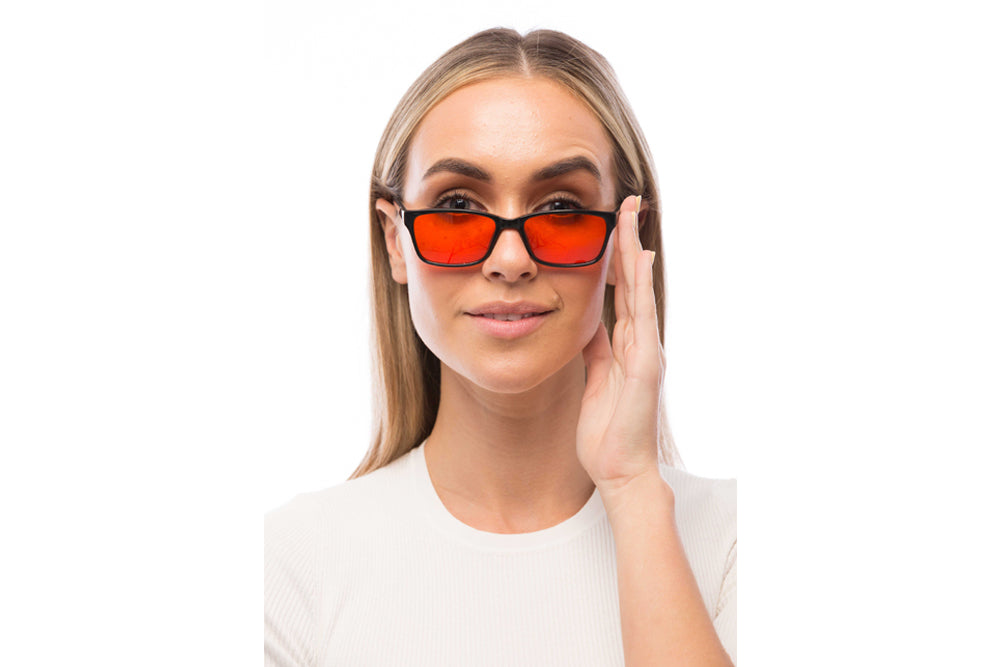 Woman Wearing Denver Blue Light Blocking Glasses